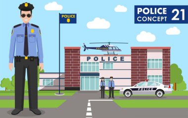 Polis kavramı. Polis karakolu, memur, polis, polis, helikopter ve mavi arka plan üzerinde düz stil arabaya detaylı Illustration. Vektör çizim.