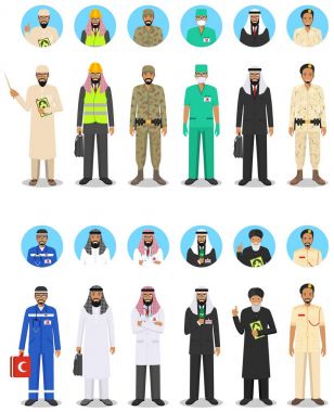 Farklı Müslüman Orta Doğu kişi meslek işgal karakter erkek düz stil ayarlayın. Avatarlar simgeler kümesi. Infographic, siteleri, afiş, sosyal ağlar için şablonlar. Vektör çizim.