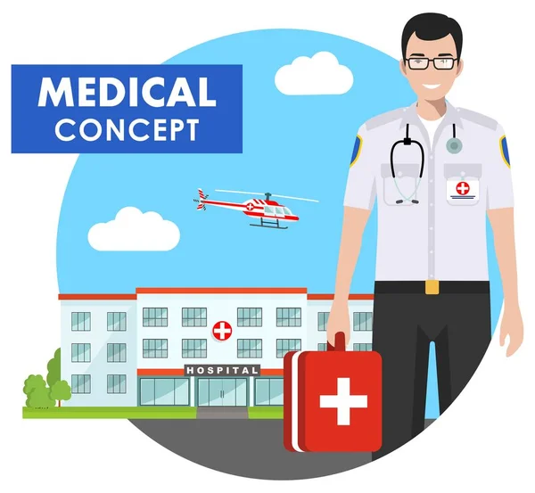 Medical concept. Detailed illustration of emergency doctor man in uniform on background with hospital and flying helicopter in flat style. Vector illustration. — Stock Vector