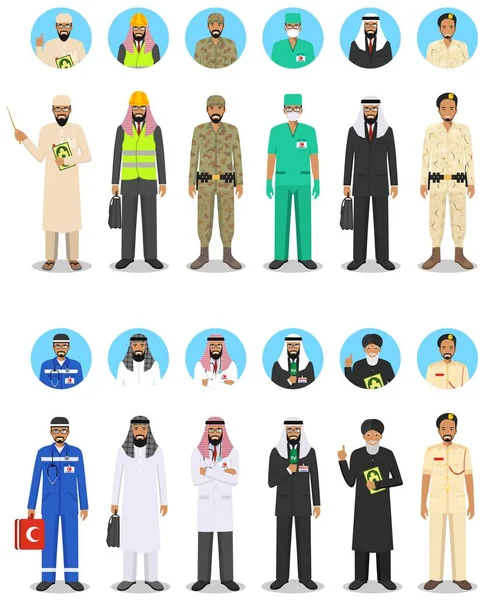Különböző közel-keleti emberek szakmák foglalkozás karakterek férfi lapos stílusú településen. Készlet ikonok avatarok. Sablonok infographic, oldalak, bannerek, társadalmi hálózatok. Vektoros illusztráció. — Stock Vector