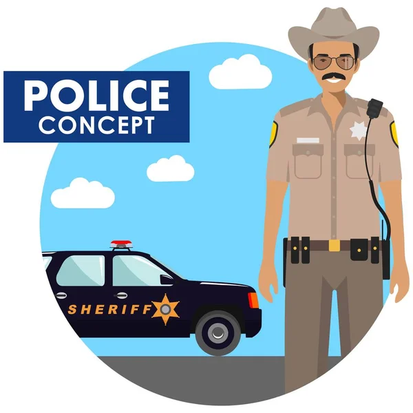Polismannen koncept. Detaljerad illustration av sheriffen i uniform på bakgrund med polisbil i platt stil. Vektorillustration. — Stock vektor