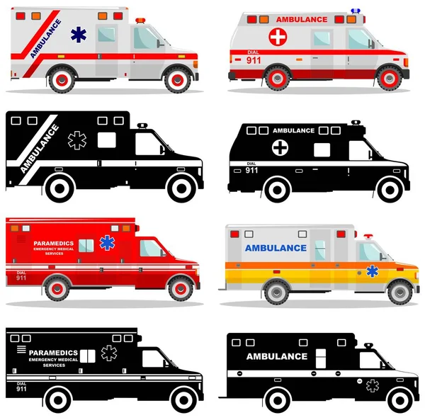 Medizinkonzept. Krankenwagen verschiedener Art isoliert auf weißem Hintergrund in flachem Stil: farbige und schwarze Silhouette. Vektorillustration. — Stockvektor