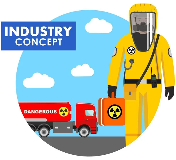 Concetto industriale. Illustrazione dettagliata del lavoratore in tuta protettiva sullo sfondo con camion cisterna che trasporta sostanze chimiche, radioattive, tossiche, pericolose in stile piatto. Illustrazione vettoriale . — Vettoriale Stock