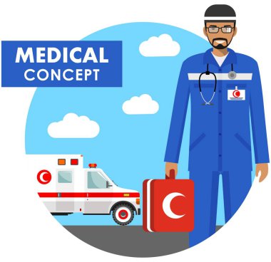 Tıbbi kavramı. Müslüman acil doktor ambulans araba düz tarzı ile arka plan üzerinde Üniformalı erkeklere detaylı Illustration. Vektör çizim.