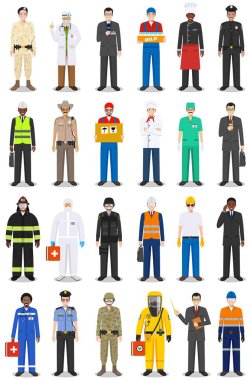Different people professions occupation characters man set in flat style isolated on white background. Templates for infographic, sites, banners, social networks. Vector illustration.