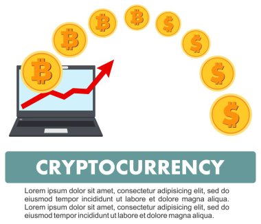 Cryptocurrency kavramı. Bitcoin madencilik, exchange, mobil bankacılık. Dijital para elektronik para. Bitcoins dolar içine taşındıktan ile dizüstü bilgisayar. Düz simgesi tasarım yükseliş çizgi ok. Vektör.