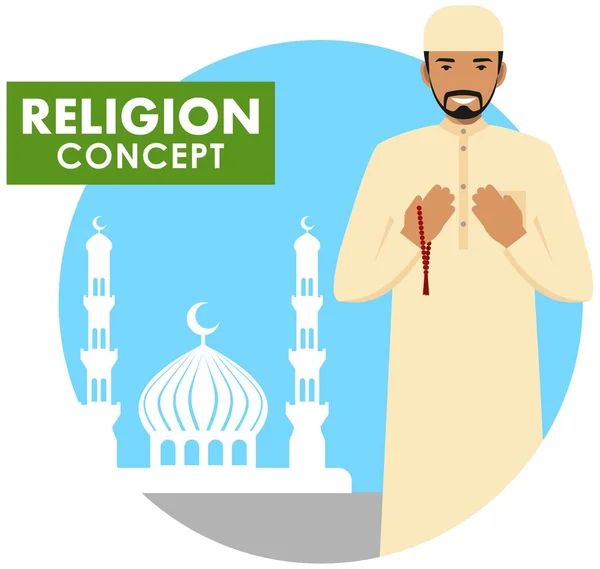 Gebed de tijd. Religie concept. Moslim persoon met kralen in handen bidden staande op het silhouet van de achtergrond van de moskee en minaretten. Arabische man bidden. Vectorillustratie. — Stockvector