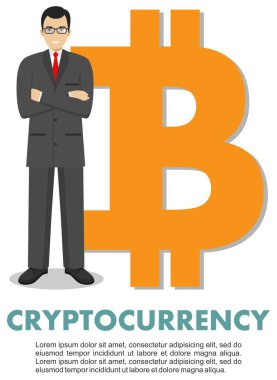 Cryptocurrency kavramı. İşadamı bitcoin ile düz stil beyaz arka plan üzerinde izole oturum açın. Dijital para elektronik para, Döviz, mobil bankacılık. Vektör çizim.