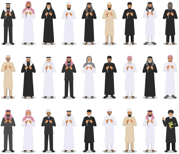 Prayer time. Different standing praying muslim arabic people and mullah in traditional arabian clothes. Mufti with quran. Islamic men with beads in hands pray. Vector illustration. — Stock Vector