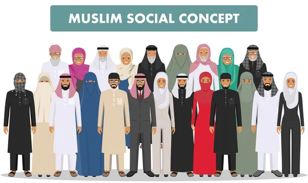 Family and social concept. Arab person generations at different ages. Group adults and senior muslim people standing together in different traditional islamic clothes n flat style. — Stock Vector