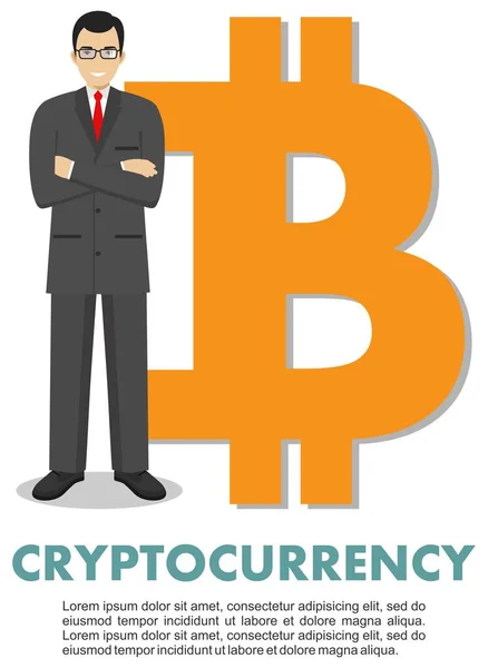Kryptovaluta koncept. Affärsman med bitcoin logga in platta stil isolerad på vit bakgrund. Digital valuta elektroniska pengar, exchange, mobila banktjänster. Vektorillustration. — Stock vektor