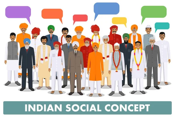 Family and social concept. Group young and senior indian people and speech bubbles standing together in different traditional clothes on white background in flat style. Vector illustration. — Stock Vector