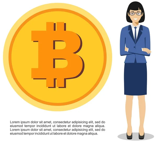 Cryptocurrency 的概念。硬币的 bitocin 标志在白色背景上孤立的平面样式的女商人。数字货币电子货币，兑换，手机银行。矢量图. — 图库矢量图片