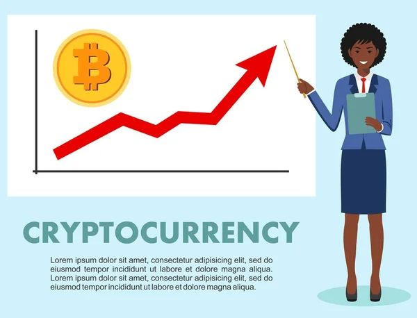 Cryptocurrency kavramı. İş kadını ve grafik kadar yükselen trend çizgisi ile ve madeni para ile bitcoin düz tarzda izole işareti. Dijital para elektronik para, Döviz, mobil bankacılık. Vektör. — Stok Vektör