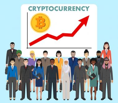 Cryptocurrency kavramı. Grup arka plan grafik kadar yükselen trend çizgisi ile birlikte ve para bitcoin bir işareti ile ayakta iş adamları. İş ekibi ve ekip çalışması kavramı.