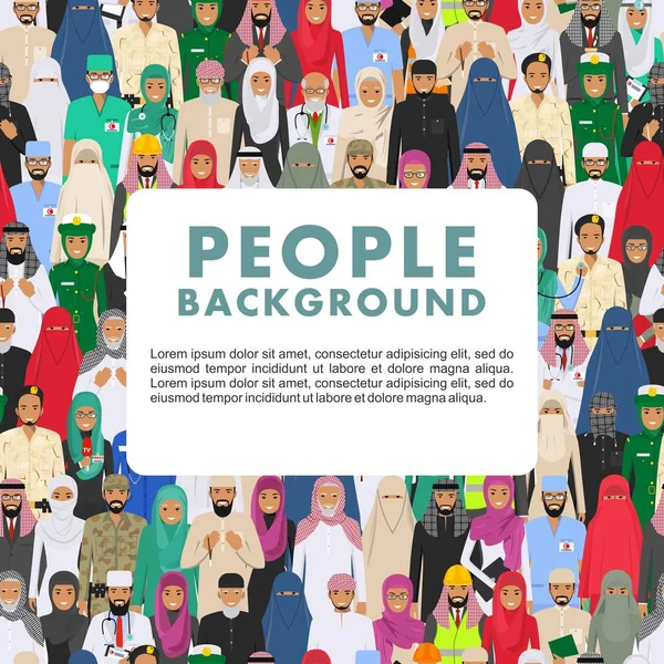 Seamless pattern social concept. Large group muslim arabic people professions occupation standing together in different suit and traditional clothes in flat style. Arab men and women in row. Vector. — Stock Vector