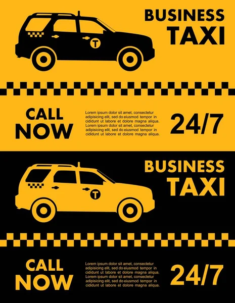 노란색과 검은색 배경 위에 비즈니스 택시 서비스 디자인. 자동차의 실루엣입니다. 벡터 평면 그림입니다. 배너, 포스터 또는 전단지. — 스톡 벡터
