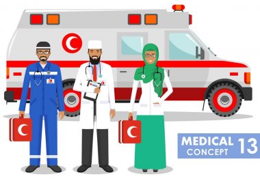 Tıbbi kavramı. Müslüman Paramedik adam, acil Doktor, hemşire ve ambulans araba beyaz arka plan üzerinde düz stilde detaylı Illustration. Vektör çizim.
