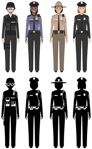 Polizei-Personenkonzept. Set aus verschiedenen detaillierten Illustrationen und Silhouetten von Swat-Offizier, Polizist, Polizistin und Sheriff in flachem Stil auf weißem Hintergrund. Vektorillustration. — Stockvektor