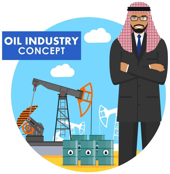 Olie industrie concept. Gedetailleerde illustratie van Arabische moslim zakenman op de achtergrond met oliepomp en vaten met vlakke stijl van de brandstof op witte achtergrond. Vectorillustratie. — Stockvector
