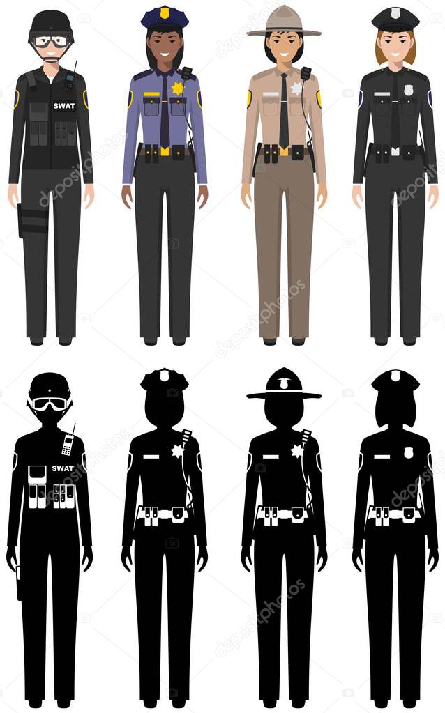 Police people concept. Set of different detailed illustration and silhouettes of SWAT officer, policeman, policewoman and sheriff in flat style on white background. Vector illustration.