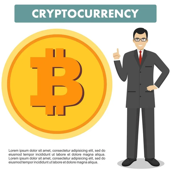 Kryptovaluta koncept. Affärsman med mynt av bitocin logga in platta stil isolerad på vit bakgrund. Digital valuta elektroniska pengar, exchange, mobila banktjänster. Vektorillustration. — Stock vektor