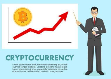 Cryptocurrency kavramı. İşadamı ve grafik kadar yükselen trend çizgisi ile ve madeni para ile bitcoin düz tarzda izole işareti. Dijital para elektronik para, Döviz, mobil bankacılık. Vektör.