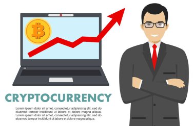 Cryptocurrency kavramı. Bilgisayar ile iş adamı. Bitcoin oturum açma düz simgesi tasarım laptop ile grafiği. Dijital para elektronik para, Döviz, mobil bankacılık. Vektör çizim.