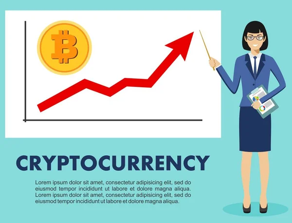 Kryptovaluta koncept. Affärskvinna och diagram med trendlinjen stiger upp och mynt med ett tecken på bitcoin i platt stil isolerade. Digital valuta elektroniska pengar, exchange, mobila banktjänster. Vektor. — Stock vektor