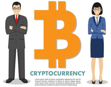 Cryptocurrency kavramı. Beyaz arka plan üzerinde izole düz stilde işadamı ve işkadını bitcoin ile oturum açın. Dijital para elektronik para, Döviz, mobil bankacılık. Vektör çizim.