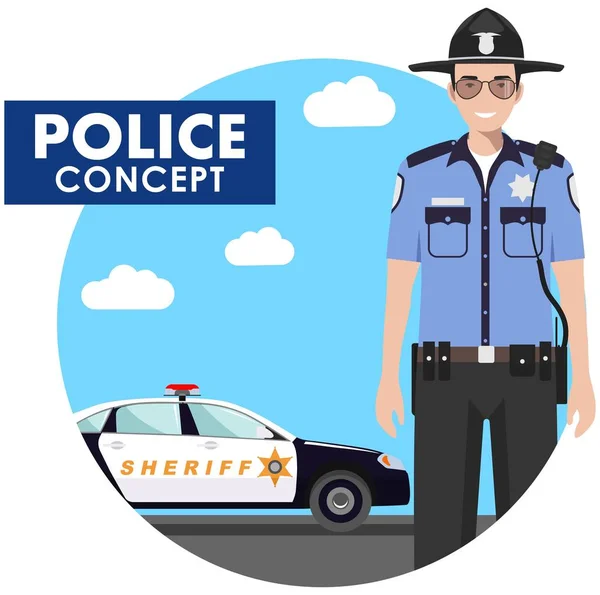 Concepto de policía. Ilustración detallada del sheriff en uniforme en el fondo con coche de policía en estilo plano. Ilustración vectorial . — Vector de stock