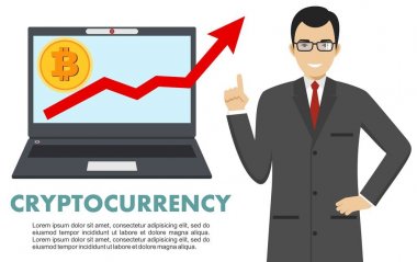 Cryptocurrency kavramı. Bilgisayar ile iş adamı. Bitcoin oturum açma düz simgesi tasarım laptop ile grafiği. Dijital para elektronik para, Döviz, mobil bankacılık. Vektör çizim.