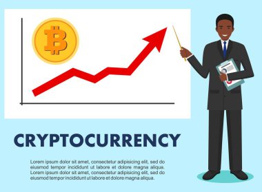 Cryptocurrency kavramı. İşadamı ve grafik kadar yükselen trend çizgisi ile ve madeni para ile bitcoin düz tarzda izole işareti. Dijital para elektronik para, Döviz, mobil bankacılık. Vektör