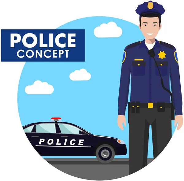 Concepto de policía. Ilustración detallada del oficial de policía en uniforme en el fondo con el coche en estilo plano. Ilustración vectorial . — Archivo Imágenes Vectoriales