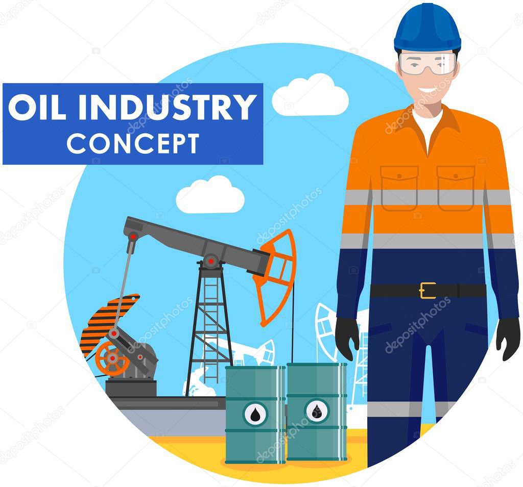 Oil industry concept. Detailed illustration of worker on background with oil pump and barrels with fuel flat style on white background. Vector illustration.