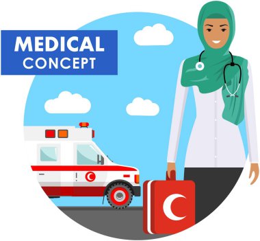 Tıbbi kavramı. Arka plan üzerinde üniformalı Arap Müslüman acil doktor kadınla ambulans araba düz stilde detaylı Illustration. Vektör çizim.