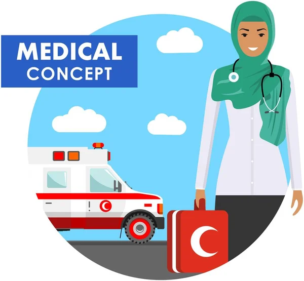 Ιατρική αντίληψη. Λεπτομερής επεξήγηση της αραβικό μουσουλμανικό έκτακτης ανάγκης γιατρός γυναίκα με τη στολή σε φόντο με ασθενοφόρο αυτοκίνητο σε επίπεδη στυλ. Εικονογράφηση διάνυσμα. — Διανυσματικό Αρχείο