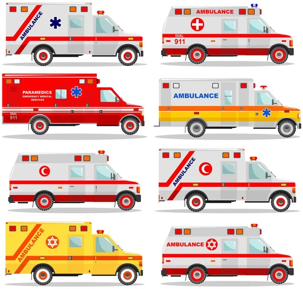 Concepto médico. Diferentes tipos de ambulancias judías, musulmanas, americanas, europeas aisladas sobre fondo blanco en estilo plano. Ilustración vectorial . — Vector de stock