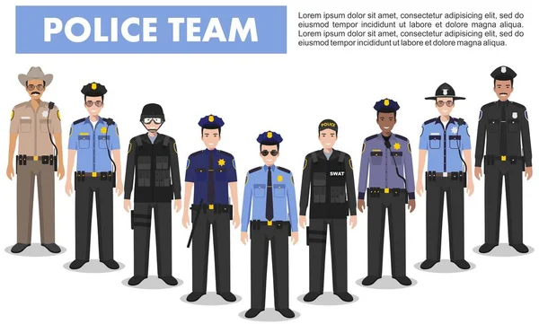 Concepto de policía. Ilustración detallada de oficial SWAT, policía y sheriff en estilo plano sobre fondo blanco. Ilustración vectorial . — Vector de stock