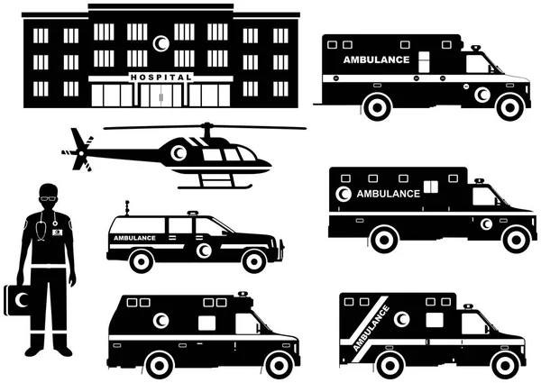 Medical concept. Set of different silhouettes muslim arabian ambulance cars, hospital, emergency doctor man and helicopter isolated on white background. Vector illustration. — Stock Vector