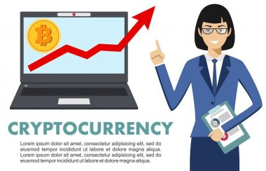 Cryptocurrency kavramı. Bilgisayar ile iş kadını. Bitcoin oturum açma düz simgesi tasarım laptop ile grafiği. Dijital para elektronik para, Döviz, mobil bankacılık. Vektör çizim.