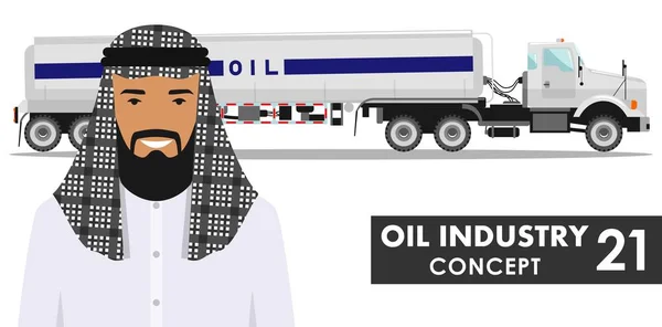 Ölindustrie-Konzept. Detaillierte Illustration von Benzin-LKW und saudi-arabischem Mann in traditioneller islamischer Kleidung in flachem Stil auf weißem Hintergrund. Vektorillustration. — Stockvektor