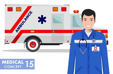 Tıbbi kavramı. Acil doktor adam ve ambulans araba beyaz arka plan üzerinde düz stilde detaylı Illustration. Vektör çizim.
