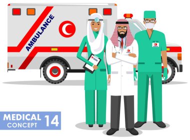 Tıbbi kavramı. Müslüman Paramedik adam, acil Doktor, hemşire ve ambulans araba beyaz arka plan üzerinde düz stilde detaylı Illustration. Vektör çizim.