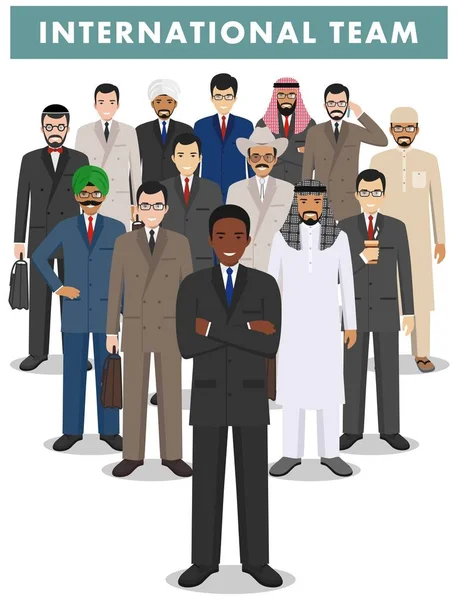 Group of men businessmen standing together on white background in flat style. Business team and teamwork concept. Different nationalities and dress styles. Flat design people characters. — Stock Vector