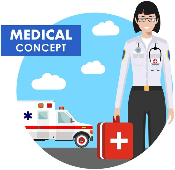 Lékařská koncepce. Detailní ilustrace nouzové lékar ženy v uniformě na pozadí se sanitkou v plochý. Vektorové ilustrace. — Stockový vektor