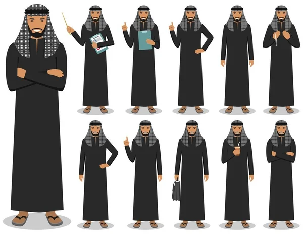İş kavramı. Beyaz arka plan üzerinde izole düz stil farklı pozisyonlarda ayakta Müslüman Arap işadamı detaylı Illustration. Vektör çizim.