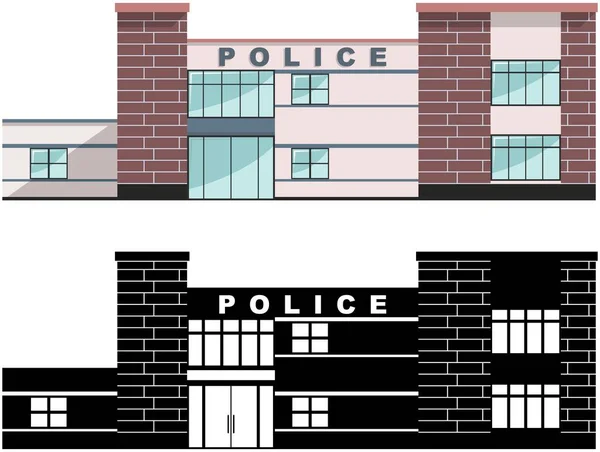 Concepto de policía. Diferentes tipos de edificio del departamento de policía aislado sobre fondo blanco en estilo plano: silueta de color y negro. Ilustración vectorial . — Vector de stock