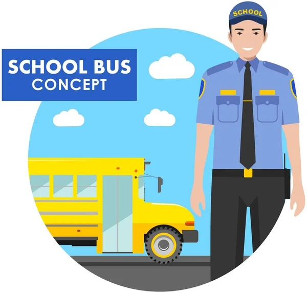 Education concept. Detailed illustration of driver in uniform on background with yellow school bus in flat style. Vector illustration. — Stock Vector