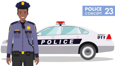 Polis kavramı. Afro-Amerikan Polis ve beyaz arka plan üzerinde düz stil arabaya detaylı Illustration. Vektör çizim.